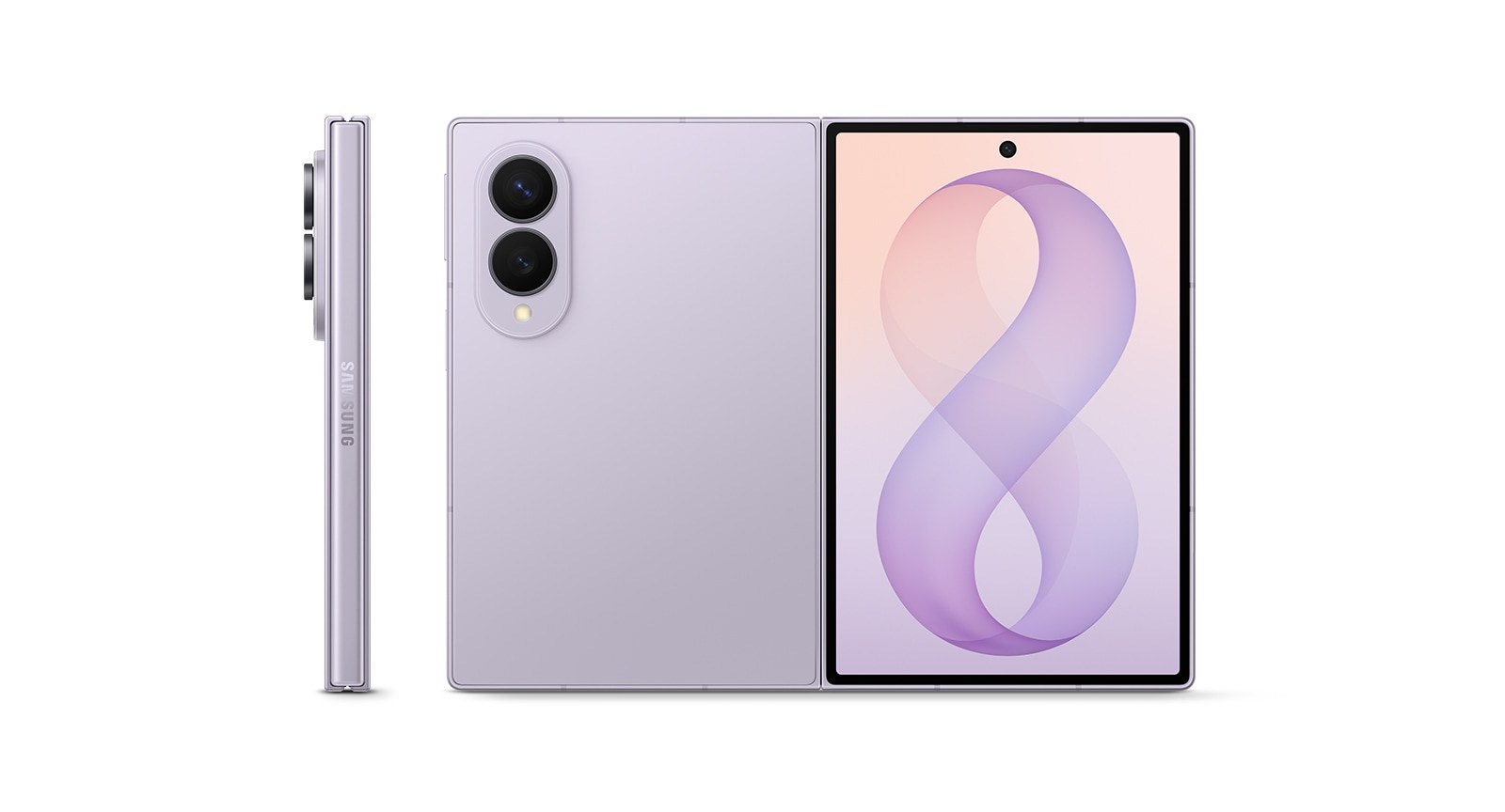 Galaxy Z Fold8 i Lavender, hopfälld och uppfälld
